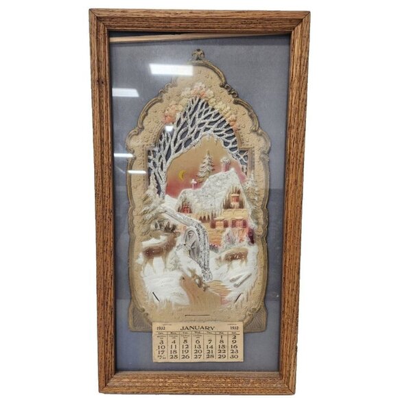 Vintage Embossed 3D Winter Scene Calendar January 1932 Wood Framed 11" x 20" - Picture 1 of 9